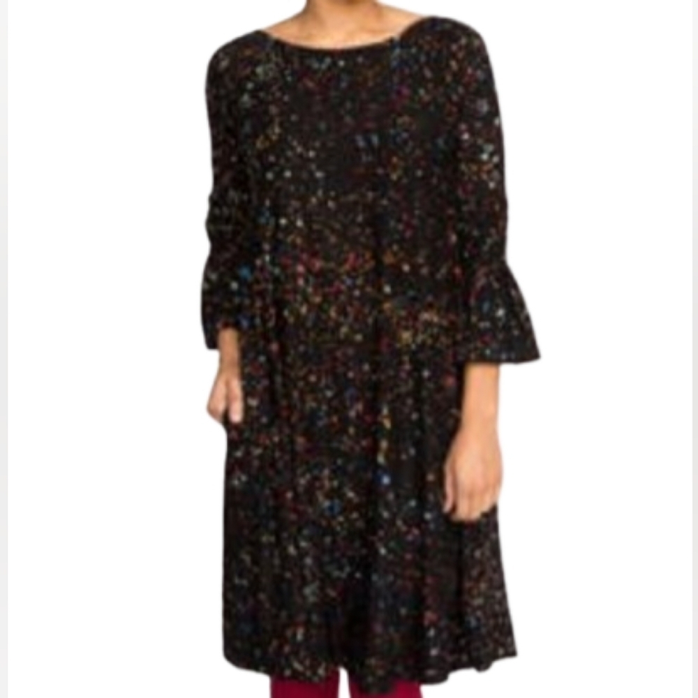 Agnes & Dora Black Dress Colorful Sprinkle Print Smocked Bell Sleeves Pockets